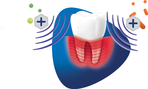 Ilustrácia zdravého zuba obklopeného vlnami a lekárskymi symbolmi.